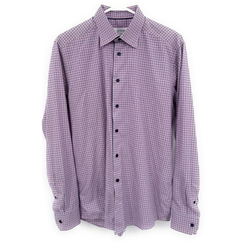 ETON Red White‎ Blue Black Check 100% Cotton Long Sleeve L Slim 42 16.5